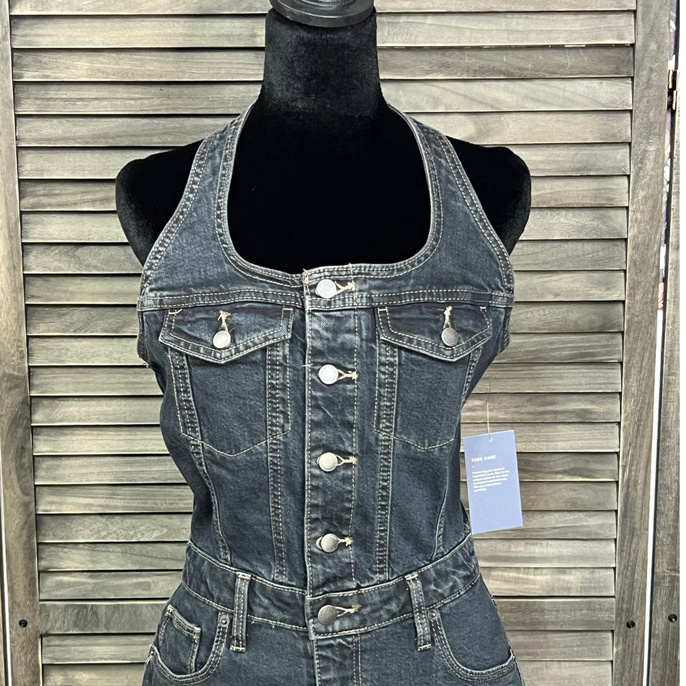 NWT Black Denim Halter Midi Dress Button Front Open Back Universal Thread Size 6 - Picture 4 of 9